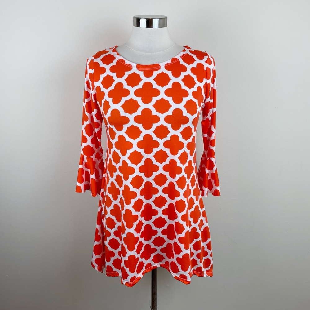 Flirty Pink Orange White Geometric Blouse Top Bell Sleeve Women Medium